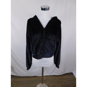 Refuge Athletics Hoodie Womens Medium Black Velour Zip Up Cropped Jacket